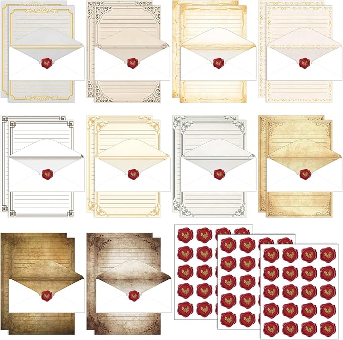 TaoBary 160 Pcs Stationery Paper Set 50 Double Sided Stationery Papers with 50 Matching Envelopes and 60 Round Dot Sticker, 10 Design(Retro,8.5 x 11 Inch)