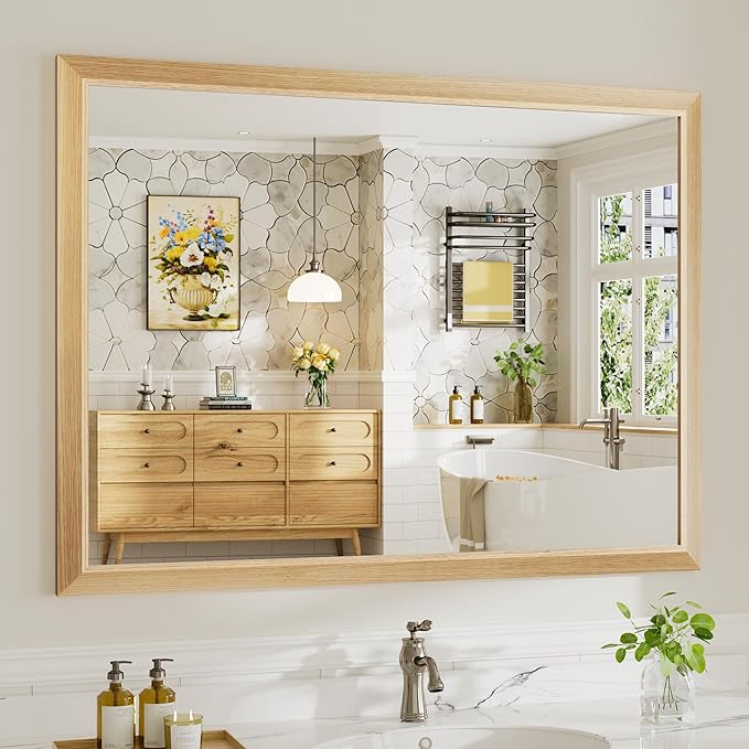 48x36 Inch Bathroom Mirror for Wall, Anti-Rust Oak Wood Grain Metal Framed