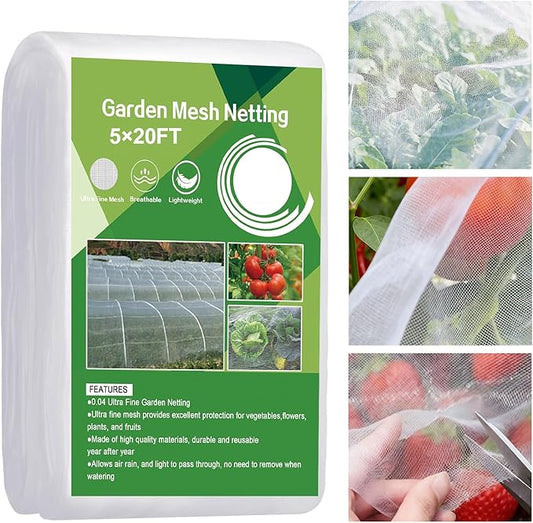 Garden Netting 5'x20' Insect Pest Barrier Bird Netting for Garden Protection,Row Cover Mesh Netting for Vegetables Fruit Trees and Plants,White