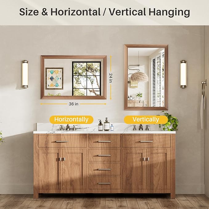 24x36 Inch Bathroom Mirror for Wall, Anti-Rust Walnut Wood Grain Metal Framed