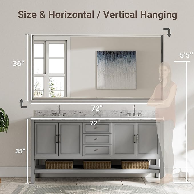 72'' x 36'' Large Beveled Silver Bathroom Vanity Mirror, Shatterproof Rectangle