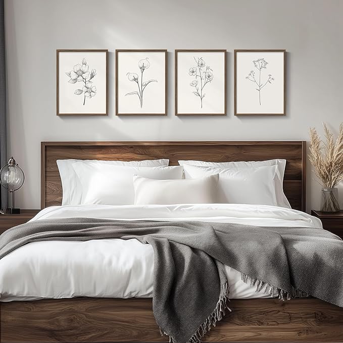 Vintage Floral Wall Art with Walnut Framed, 4 Piece Farmhouse Black and White