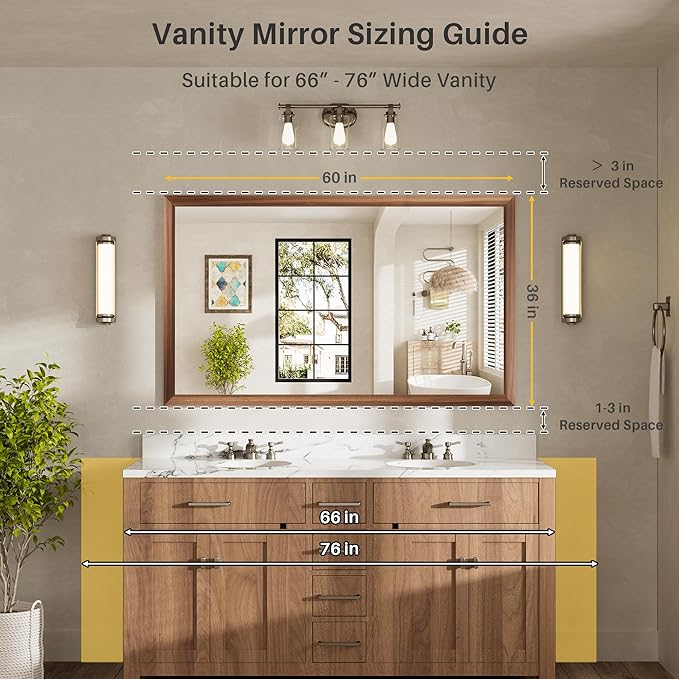 60x36 Inch Bathroom Mirror for Wall, Anti-Rust Walnut Wood Grain Metal Framed