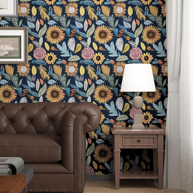 Blue Wallpaper Peel and Stick, Vintage Boho Floral Contact Paper, 17.5" x