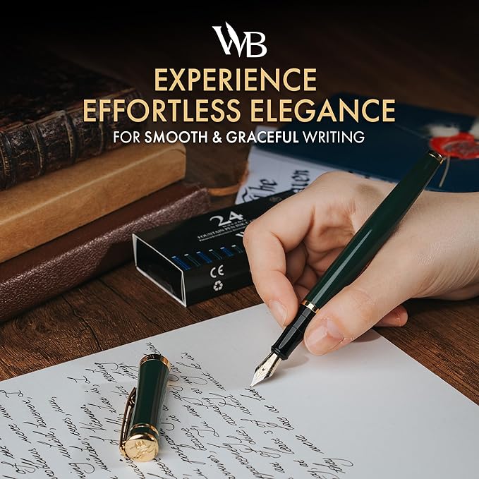 Wordsworth & Black Fountain Pen Set, 18K Gilded Fine Nib, Includes 24 Pack Ink Cartridges, Ink Refill Converter & Gift Box, Gold Finish, Calligraphy, [Racing Green], Perfect for Men & Women