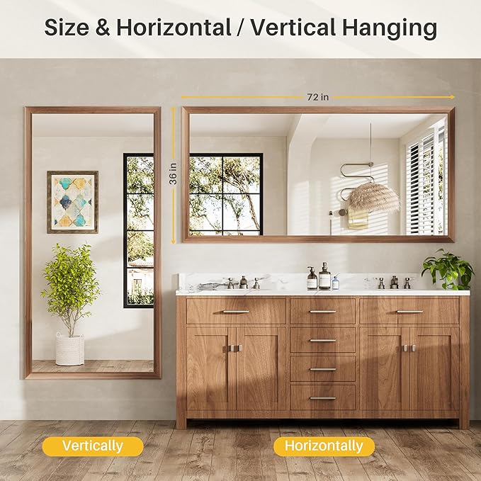 72x36 Inch Bathroom Mirror for Wall, Anti-Rust Walnut Wood Grain Metal Framed