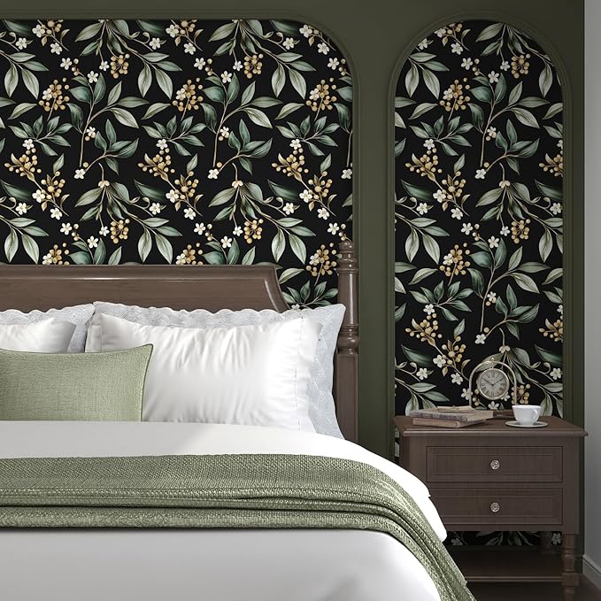 Extra Long Dark Peel and Stick Wallpaper 17.5" x 393" – Vintage Floral Green