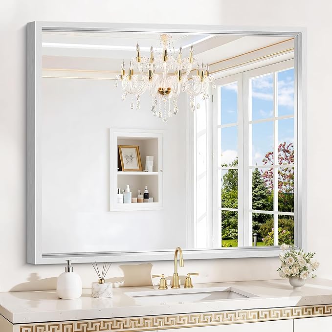 Silver Bathroom Mirror, 42 x 36 Inch Brushed Silver Rectangle Mirror