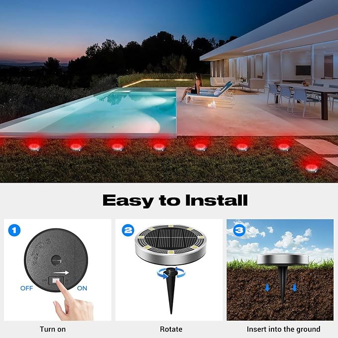 Peasur Solar Ground Lights Outdoor, 12 Pack Flat Solar Powered Disc Lights, IP68 Waterproof, Anti-Rust, Landscape Lighting for Pathway Garden Yard Lawn Walkway Landscape Driveway, Red