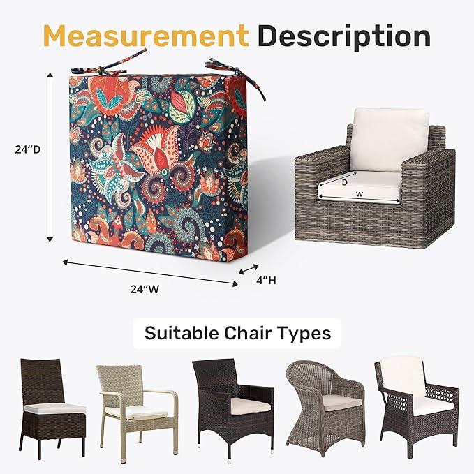 UNIKOME Outdoor Chair Cushions Pack of 4, Water Resistant Patio Cushions with Ties, High Density Sponge Filling Square Corner Seat Cushions for Outdoor Furniture, 24"*24"*4", Boho