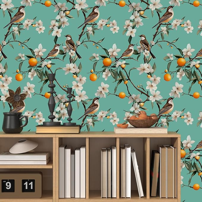 Teal White Bird Floral Wallpaper Peel and Stick, Fresh Orange Tree Contact Paper