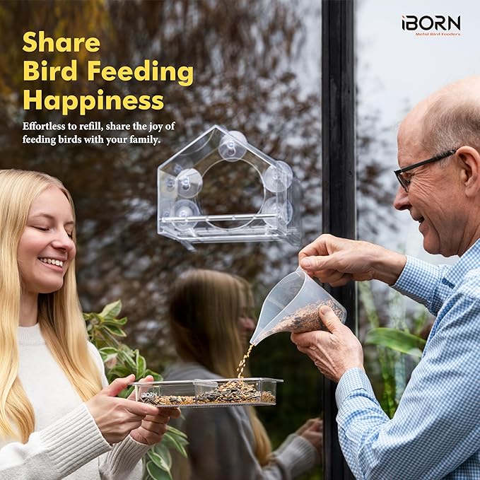 iBorn 2026 New Window Bird Feeders for Outdoors Wind-Proof Tray Lock,Cardinal Bird Feeder with Strong Suction Cups for Window Birds Watching, Chewproof PC, for Parent &Child