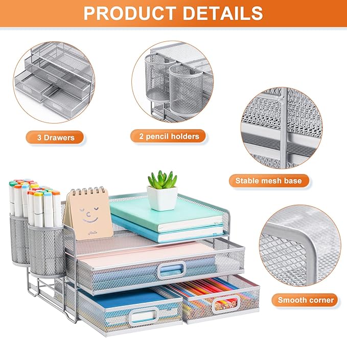 Marbrasse 3 Tier Mesh Desk Organizer with Drawer, Multi-Functional Desk Organizers and Accessories, Paper Letter Organizer with 2 Pen Holder for Home Office Supplies (Silver)