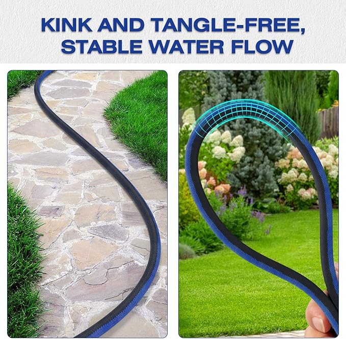 Ultra Lightweight 75FT Garden Hose - Heavy-Duty Kink-Free Flexible Hose, Non-Expanding Design with Aluminum Brass Fittings, Crush-Proof for Yard/Lawn/Outdoor Use(black-blue, 75 FT)