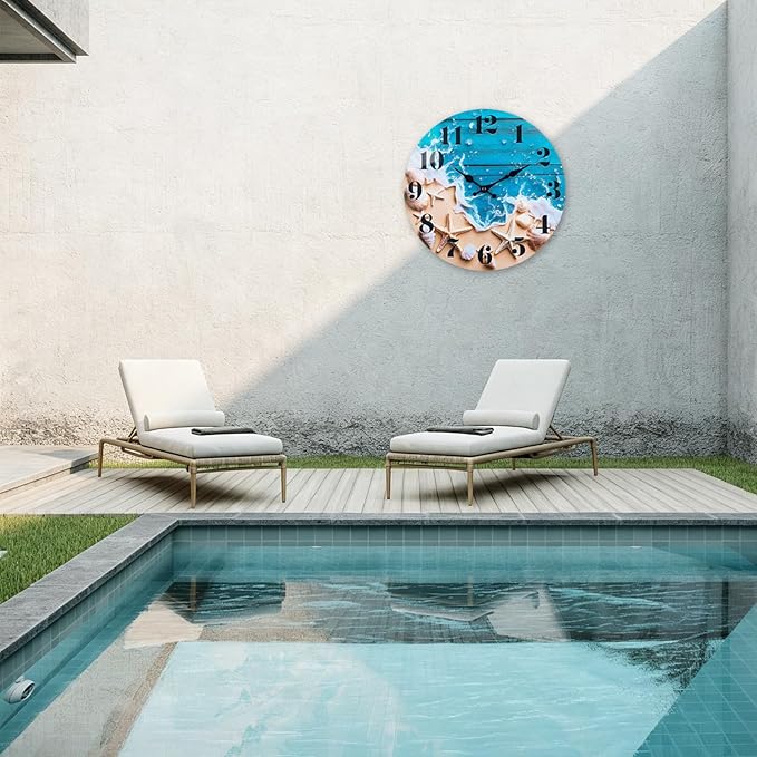 Indoor/Outdoor Clocks Waterproof, Glass Rustic Beach Decor Wall Clock