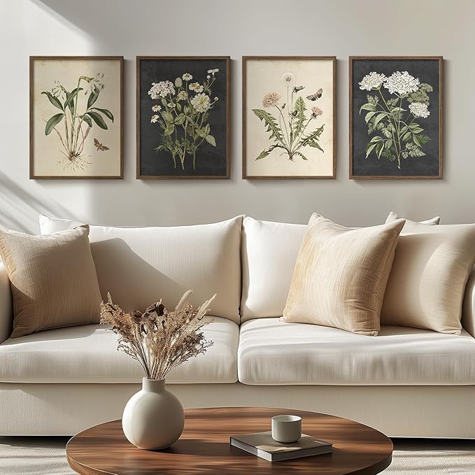 Framed Botanical Wall Art for Living Room, 4 Piece Rustic Floral Canvas