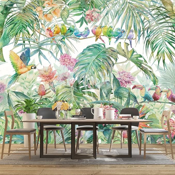 Tropical Green Botanical Flower Birds Leaf Wallpaper Bedroom Plant Floral Mural