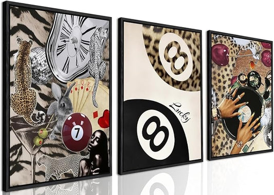 Fashion Cheetah Wall Art Set of 3 Leopard Wall Decor Pictures Lucky 8 Ball