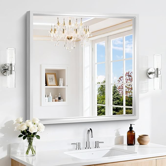 30 x 30 Silver Bathroom Mirror, Brushed Silver Square Mirror