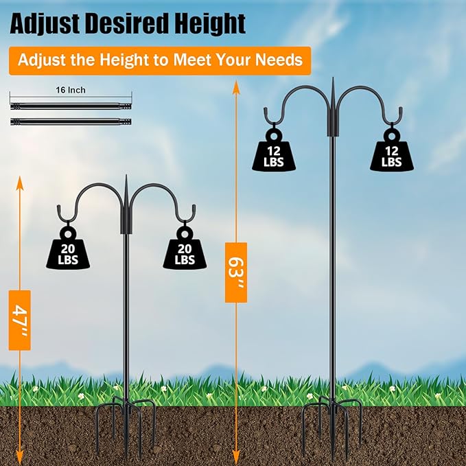FEED GARDEN Heavy Duty Shepherds Hook 2 Pack 63" Double Hooks Adjustable (47/63") - Metal 5-Prong Base, 12lb Capacity - Easy Assembly Bird Feeder Pole for Hanging Planters, Lanterns, Wind Chimes