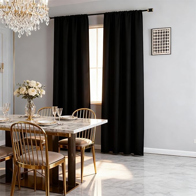 IGEMAEVE Black Blackout Curtains 90 Inch Length 2 Panels Set, Rod Pocket Energy