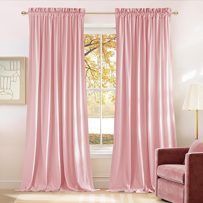 NICETOWN Baby Pink Velvet Curtains 96 inch Length, Room Darkening Thermal