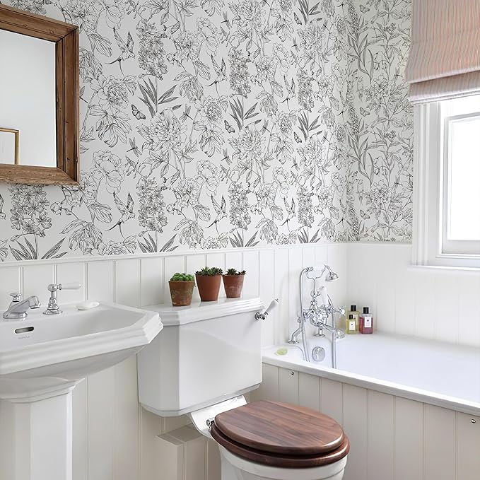 Jiffdiff White and Black Wallpaper Peel and Stick Sketched Peony Floral