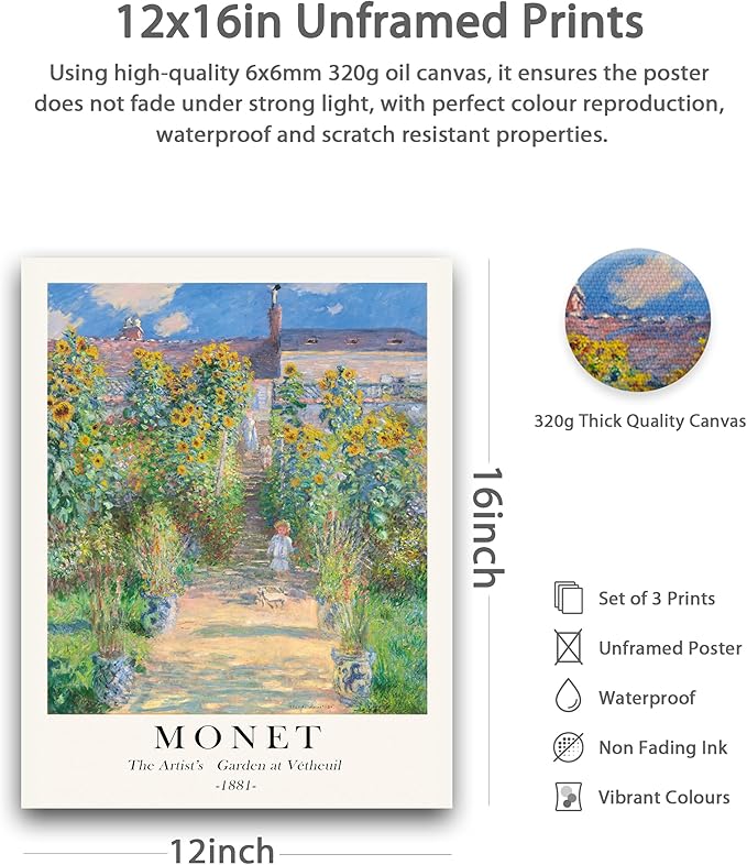 HesenDot Unframed Claude Monet Posters Set of 3, 12x16in Vintage Landscape
