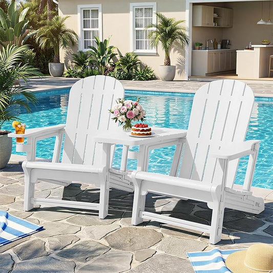 JY QAQA Outdoor Adirondack Chair Set of 2, All-Weather HDPE Patio Furniture with Detachable Table, Wood Texture & Cup Holder for Patio, Poolside, Garden, White