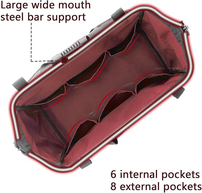 Garden Tools Bag 16inch Wide Mouth Women's Tool Bag with Molded Base and Plastic-Padded, Inside Pockets for Tool Storage,600D polyester fabric (Pink color)