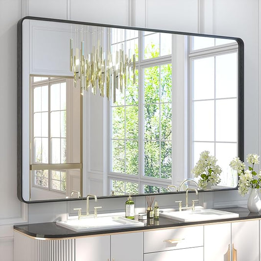 TETOTE 60 x 40 Inch Black Frame Mirror, Bathroom Vanity Mirror
