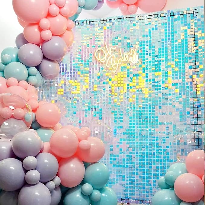 COKAOBE Rainbow Blue Shimmer Wall Backdrop 24PCS Square Sequin Shimmer Backdrop