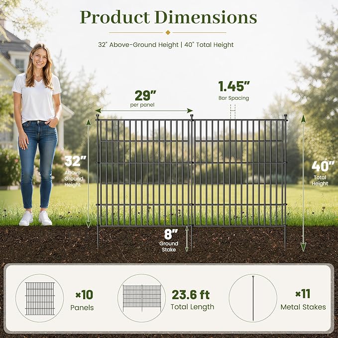 10 Panels No Dig Decorative Outdoor Garden Fence with Gate for Yard, 32 in(H) X 23.6 ft(L) Animal Barrier Fencing Rustproof Metal Wire Panel Border for Dog, Rabbits, and Patio Temporary Ground Stakes