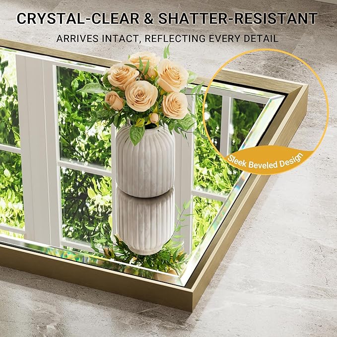 16''x 60'' Tall Brushed Gold Bathroom Mirror, Beveled Gold Frame Mirror