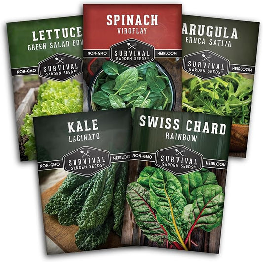 Leafy Greens Seeds Variety Pack â 5 Heirlooms: Viroflay Spinach, Arugula, Lacinato Kale, Salad Bowl Lettuce & Rainbow Swiss Chard â Cool Season Garden Collection - Survival Garden Seeds