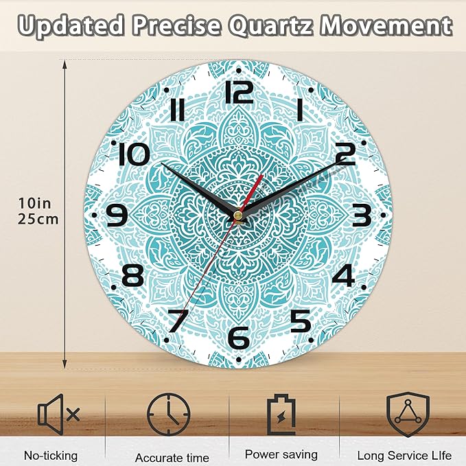 Teal Mandala Flower Wall Clock, Silent Non-Ticking, Battery Operated, Wooden