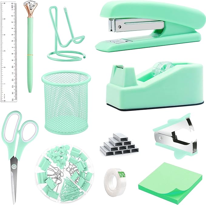 Green Office Supplies, Green Desk Accessories, Stapler, Staple Remover, Tape Holder, Pen Holder, Ballpoint Pen, Scissor, Binder Clips, 1000pcs Staples, Phone Holder, Ruler, Transparent Glue and Notes
