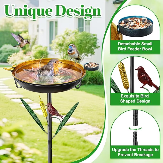 2-in-1 Bird Baths for Outside, 11.8” Diameter x 2” Deep Metal Removable Bird Feeder Water Bowl with Upgraded 5 Prongs Base, 33.5" Freestanding Garden Birdbaths for Outdoors Patio Yard Lawn Art Decor