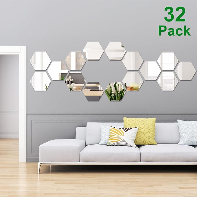 Shappy 32 Pcs Hexagon Mirror Wall Stickers Removable Silver Acrylic Mirror