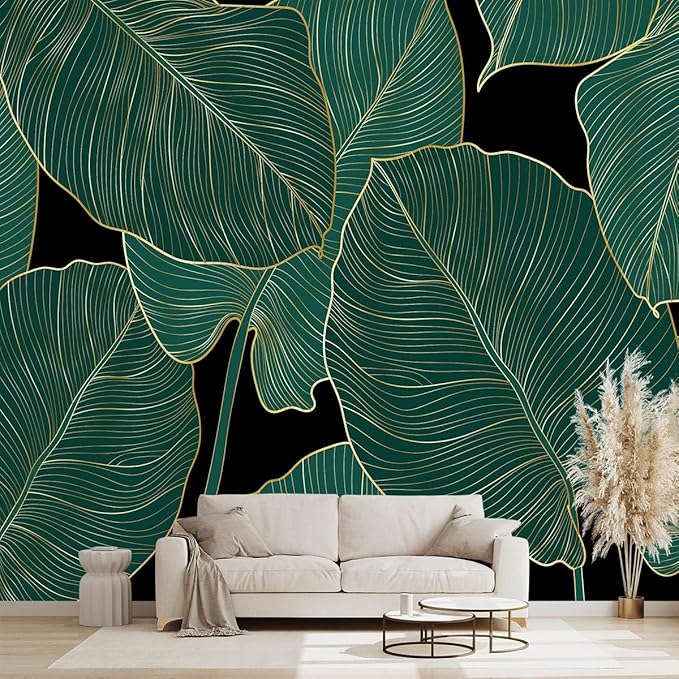 Black and Gold Leaf Mural Bedroom Tropical Green Botanical Wallpaper Room Plant