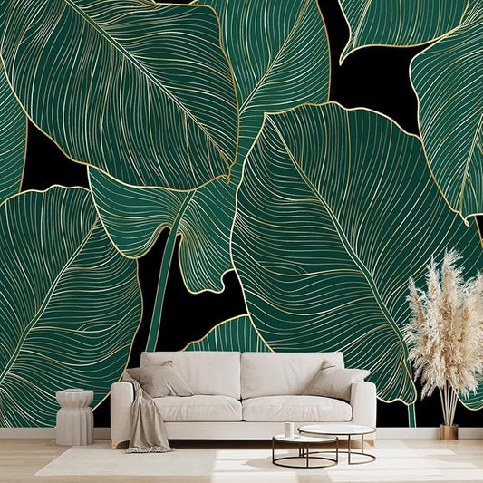 Black and Gold Leaf Mural Bedroom Tropical Green Botanical Wallpaper Room Plant