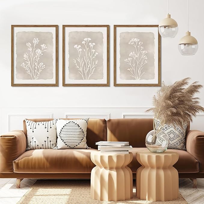 Framed Boho Botanical Flower Wall Art Set of 3, Vintage Minimalist Neutral