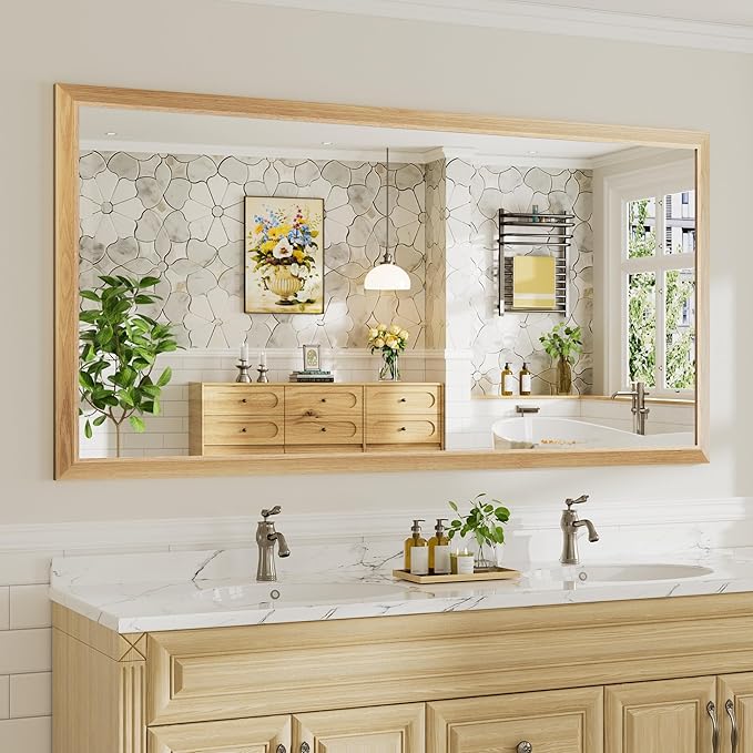 72x36 Inch Bathroom Mirror for Wall, Anti-Rust Oak Wood Grain Metal Framed