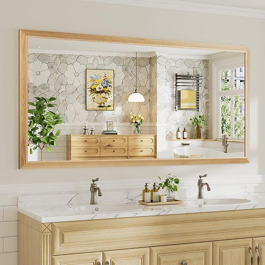 72x36 Inch Bathroom Mirror for Wall, Anti-Rust Oak Wood Grain Metal Framed