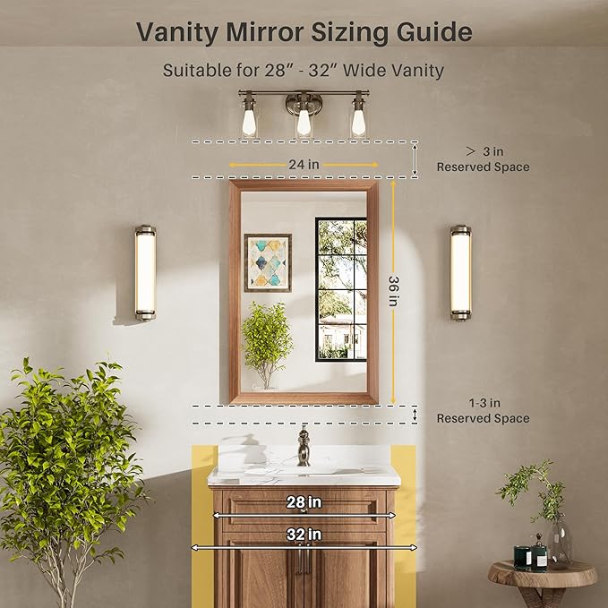24x36 Inch Bathroom Mirror for Wall, Anti-Rust Walnut Wood Grain Metal Framed