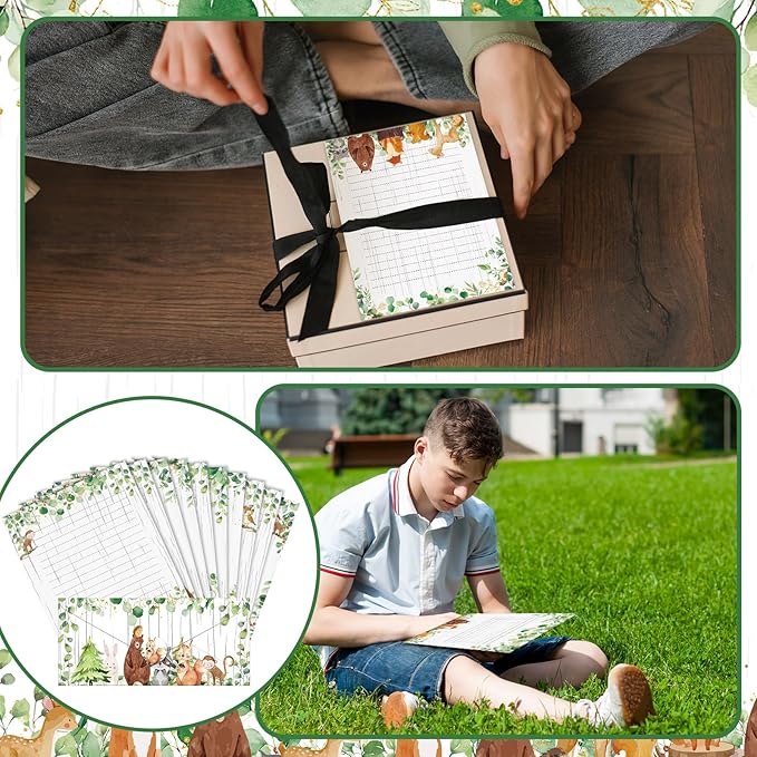 TaoBary 160 Pcs Stationery Paper Set 50 Double Sided Stationery Papers with 50 Matching Envelopes and 60 Round Dot Sticker, 10 Design(Woodland Animal,8.5 x 11 Inch)