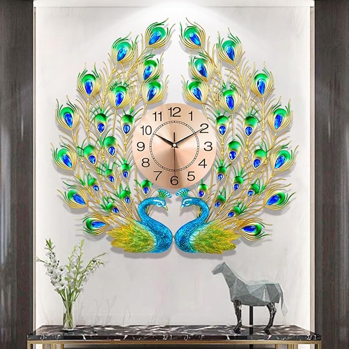 Large Peacock Wall Clock Silent Non-Ticking, 3D Creative Luxury Decorative Wall