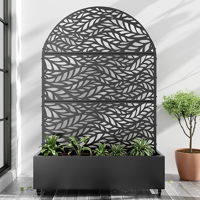 Casaphoria Metal Raised Garden Bed with Trellis and Wheels, 72"x47"x16" Arched Planter Box for Climbing Plants, Vegetables & Vines, Features Drainage Holes and Privacy Screen (Black-Spring)
