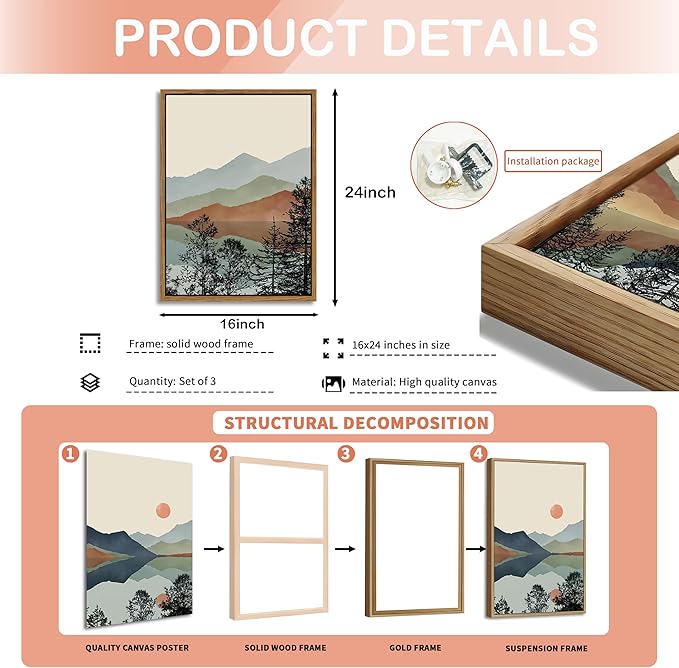 AKWISH Mountain Canvas Wall Art Set of 3, Boho Watercolor Poster Prints