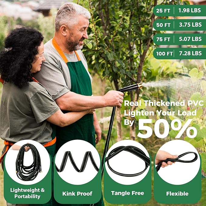 Garden Hose 25 ft Water Hose Flexible Heavy Duty Lightweight No Kink Long Outdoor Non-Expandable High Pressure Flat Hoses Pipe 25’ Strong 3/4’’ Brass Fitting for Outside Yard Lawn Car Wash